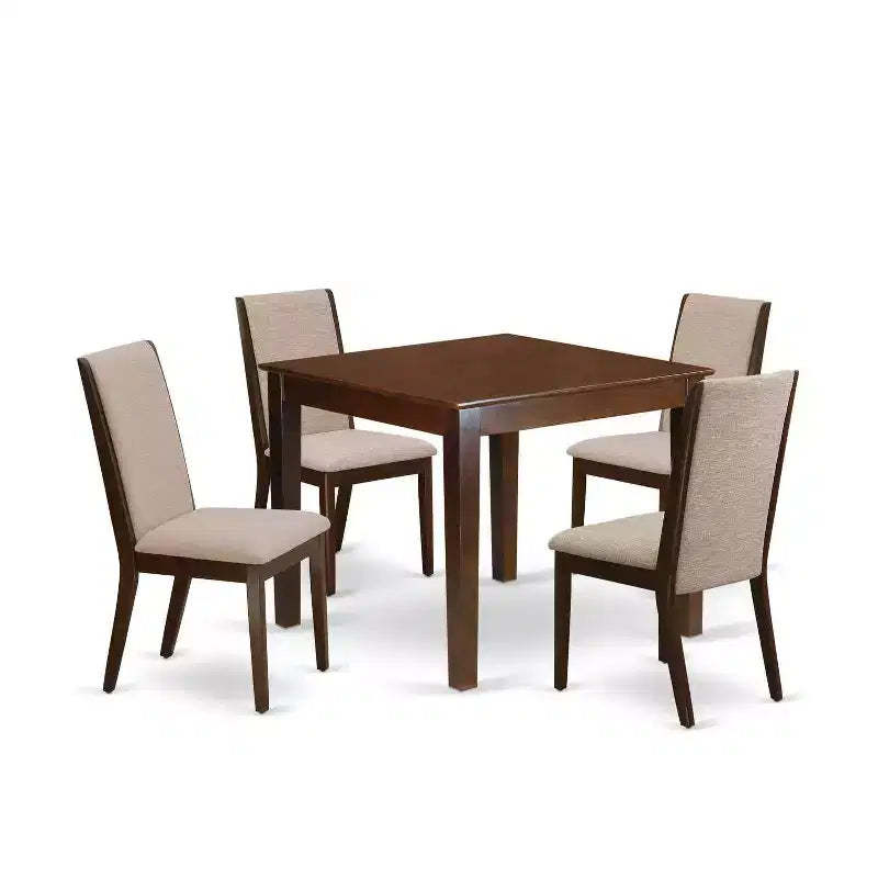 5-Piece Mahogany Finish Solid Wood Top - Upholstered Dining Room Set with High Back - Seats 4