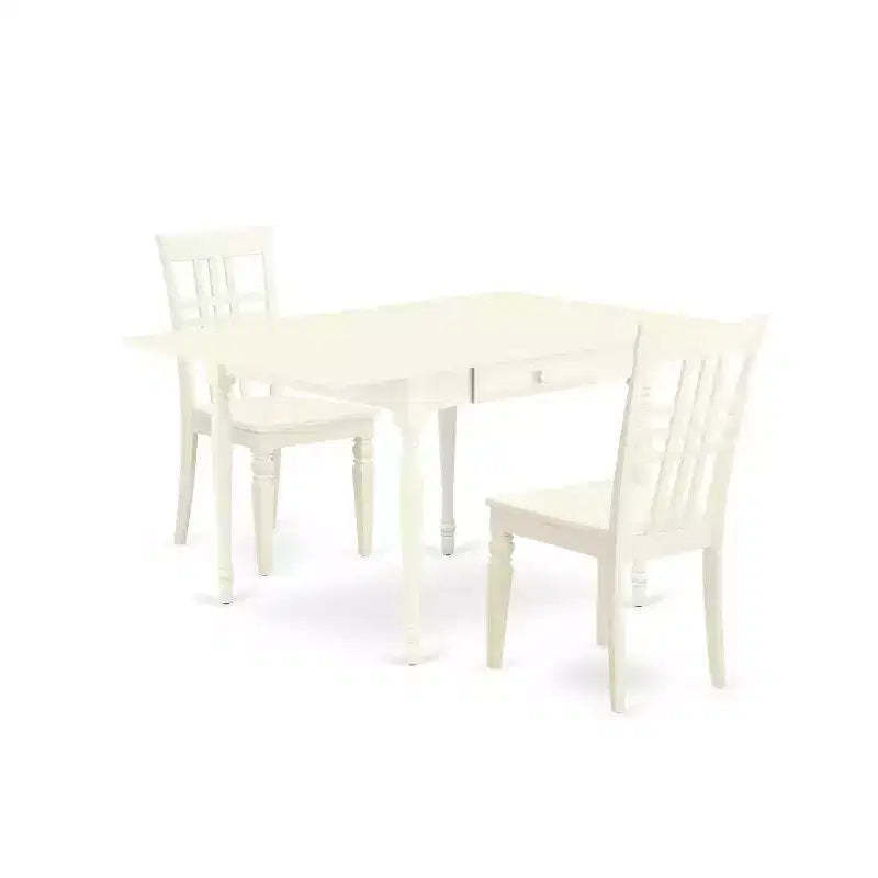 HomeStock 3-Pc Linen White Finish Solid Wood Top with Dropleaf Dining Table Set