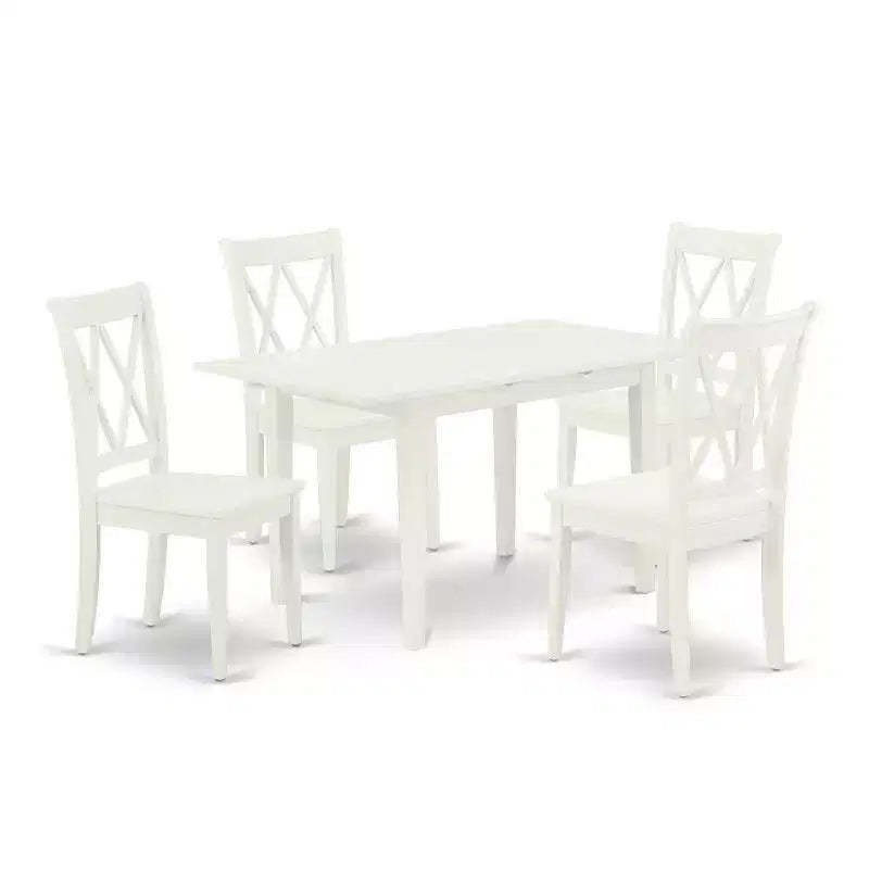 HomeStock 5-Pc Linen White Finish Solid Wood Top-Rectangular Dining Room Set with Butterfly Leaf-Seats 4