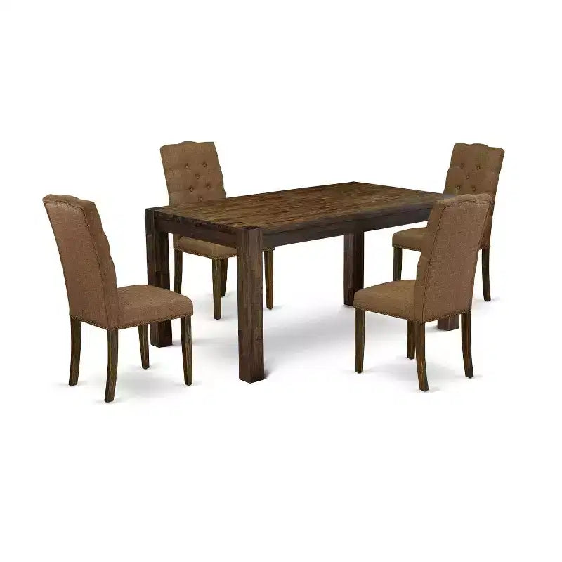 5-Piece Natural Brown Finish Solid Wood Top Rectangular Button Tufted Dining Room Set (Seats-4)