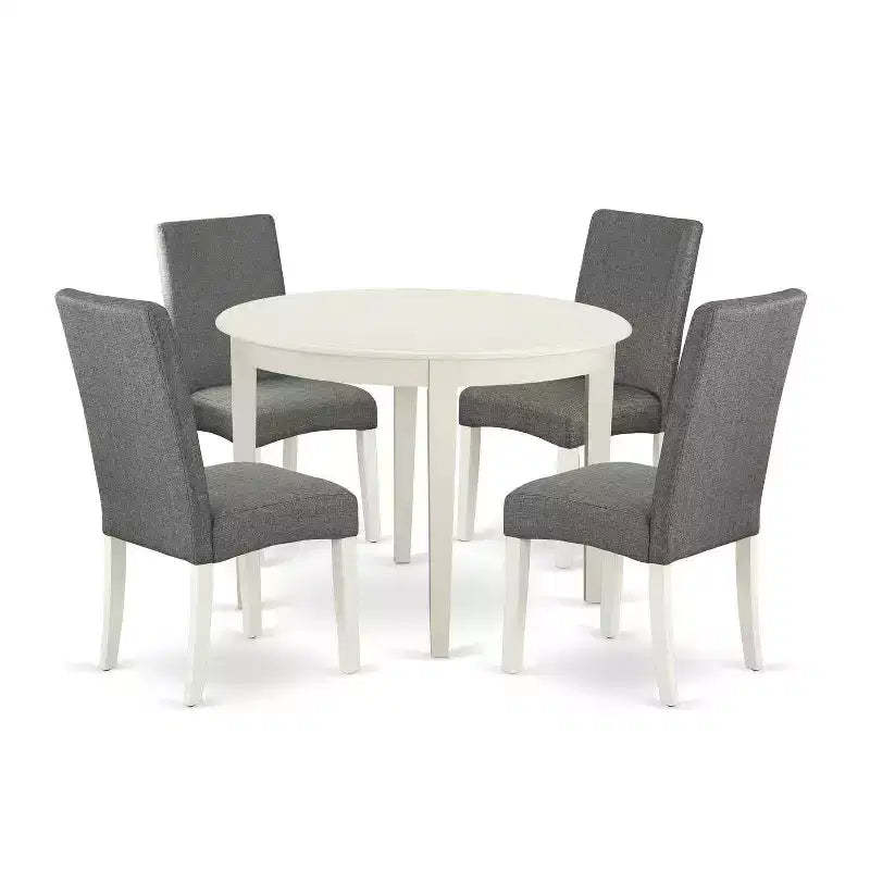 Modern Dining Set 5 Piece - Round Kitchen Table & 4 Fabric Chairs - 42 Inch - Linen White