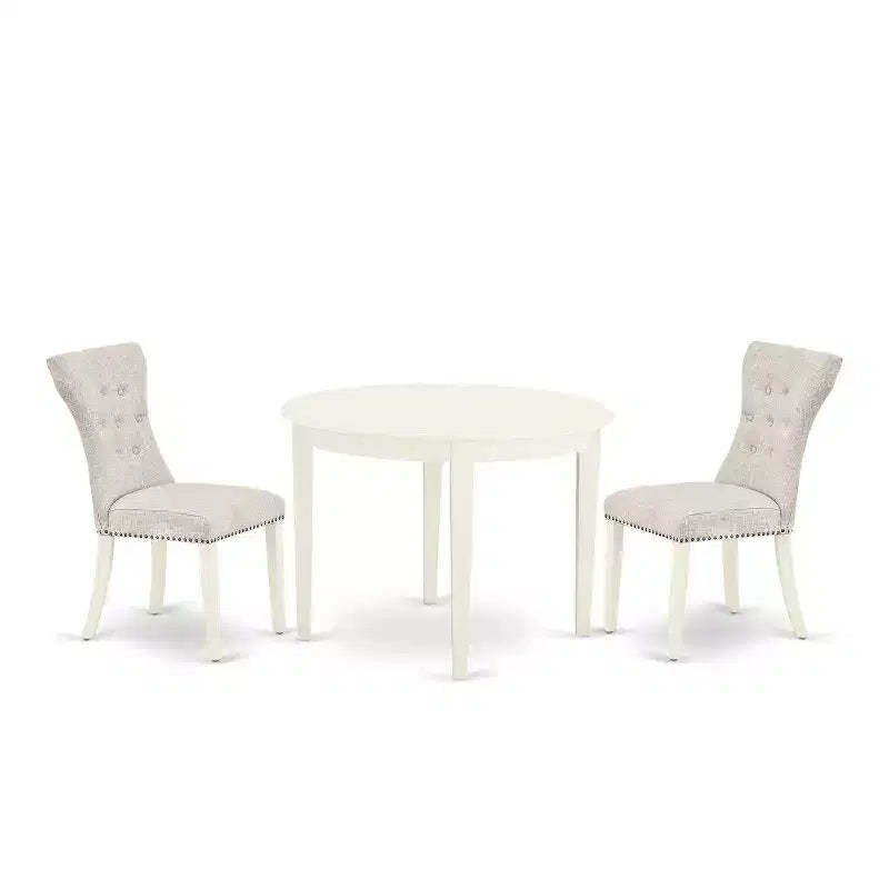 Round Dinette Set - 3 Piece Kitchen Table & Chairs - Linen White Finish - Modern Parson Design