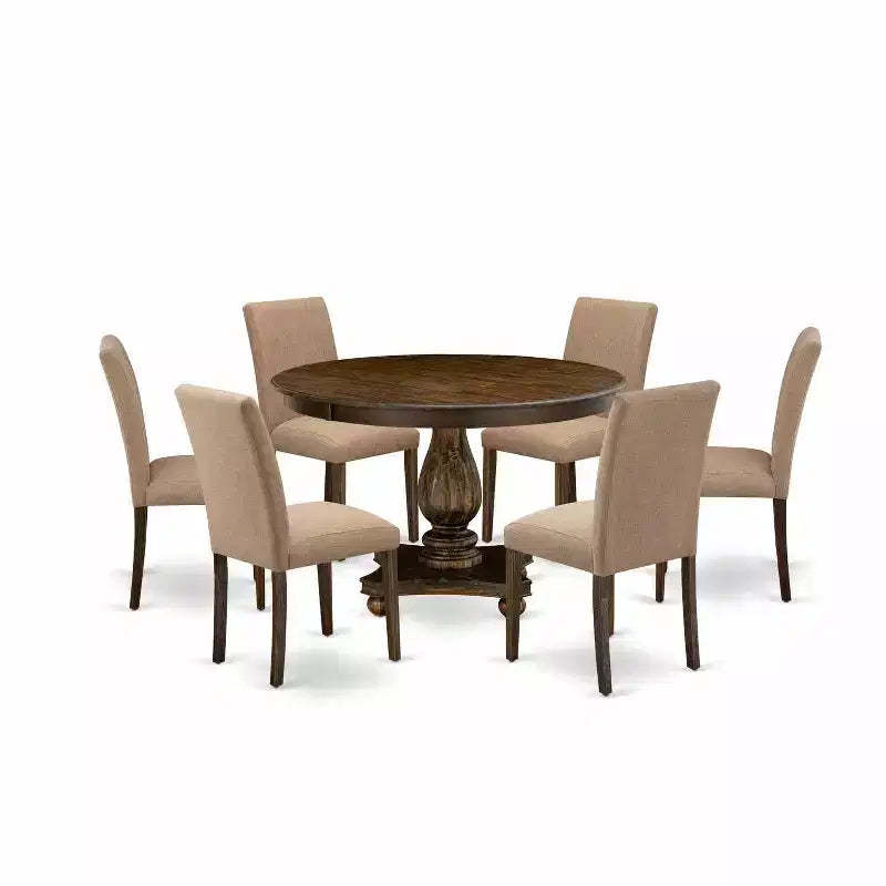 HomeStock 7-Piece Distressed Jacobean Finish Solid Wood Top Dining Table with 6 Chairs
