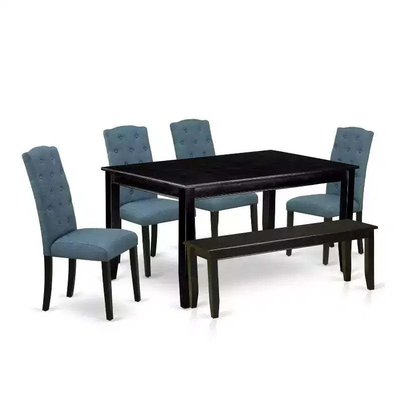 HomeStock 6-Piece Rectangle Black Finish Solid Wood Top Dining Table with 1 Bench, 4 Chairs