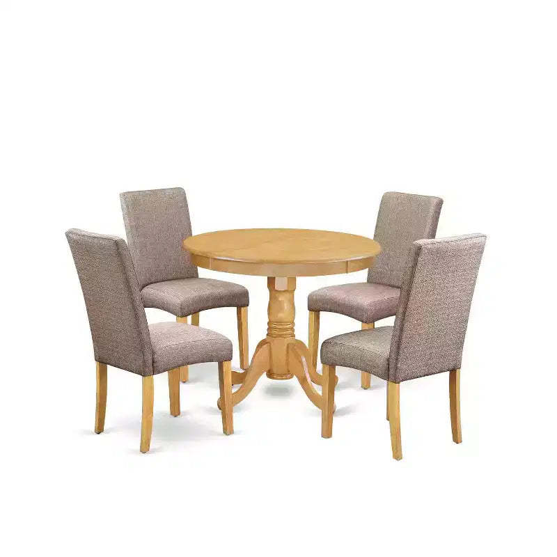 Round Dining Table Set 5pc - 36 Table & 4 Chairs - Rustic Oak Finish - Linen Fabric Dark Khaki