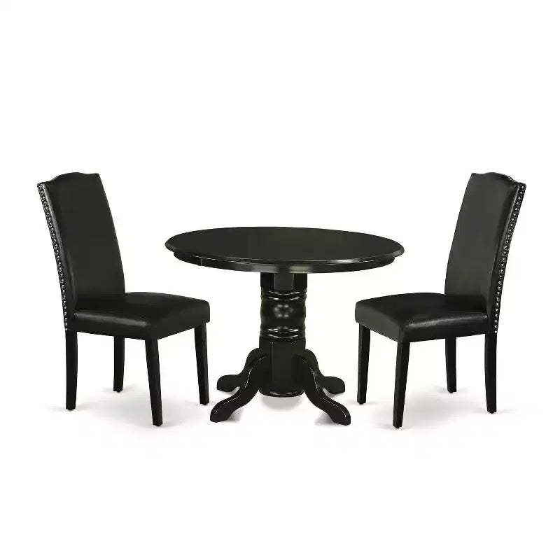 Dinette Set 3Pc Round Table & 2 Parsons Chairs - Black PU Leather - 42 Table