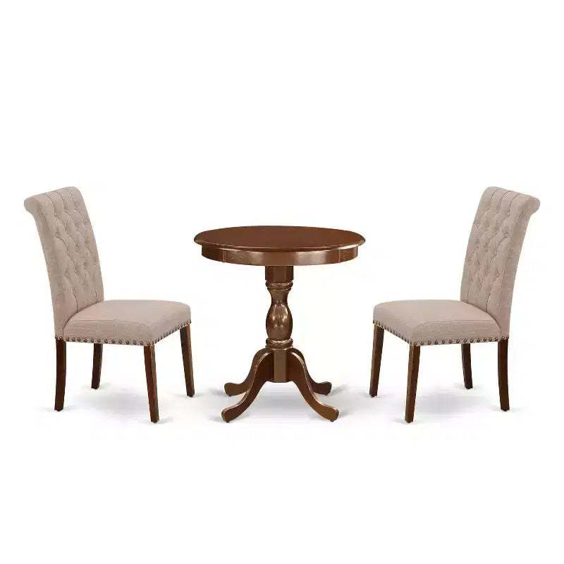 3-Piece Mahogany Finish Solid Wood Top - Upholstered Dining Room Set - Seats 4