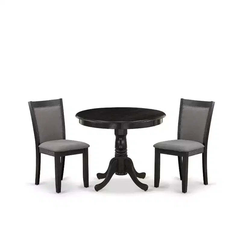 3-Piece Wirebrushed Black Solid Wood Top - Upholstered Dining Room Set - Seats-4