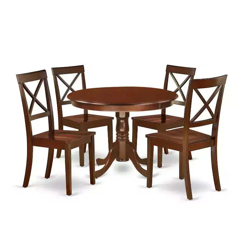Victorian Dinette Set for 4 - 42 Inch Round Table & 4 Chairs - Mahogany Finish Dining Room Furniture