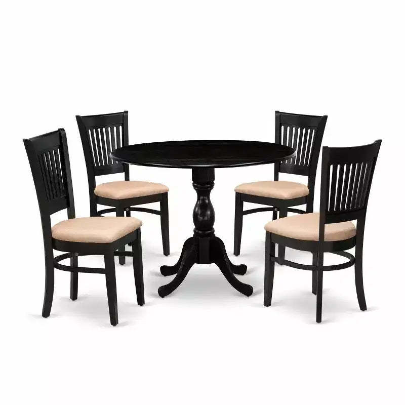 HomeStock 5-Piece Black Finish Solid Wood Top Dining table with 4 Chairs with Drop Leaf Slat Back