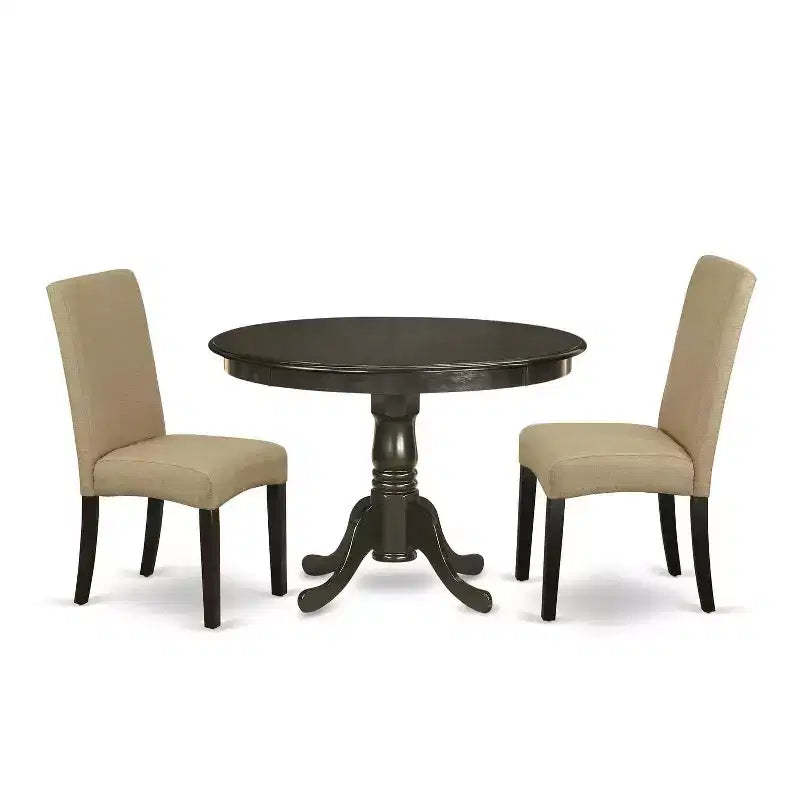 Round Dining Table Set 3pc - 42 Table & 2 Parson Chairs - Cappuccino Finish - Linen Fabric - Home Dining Room