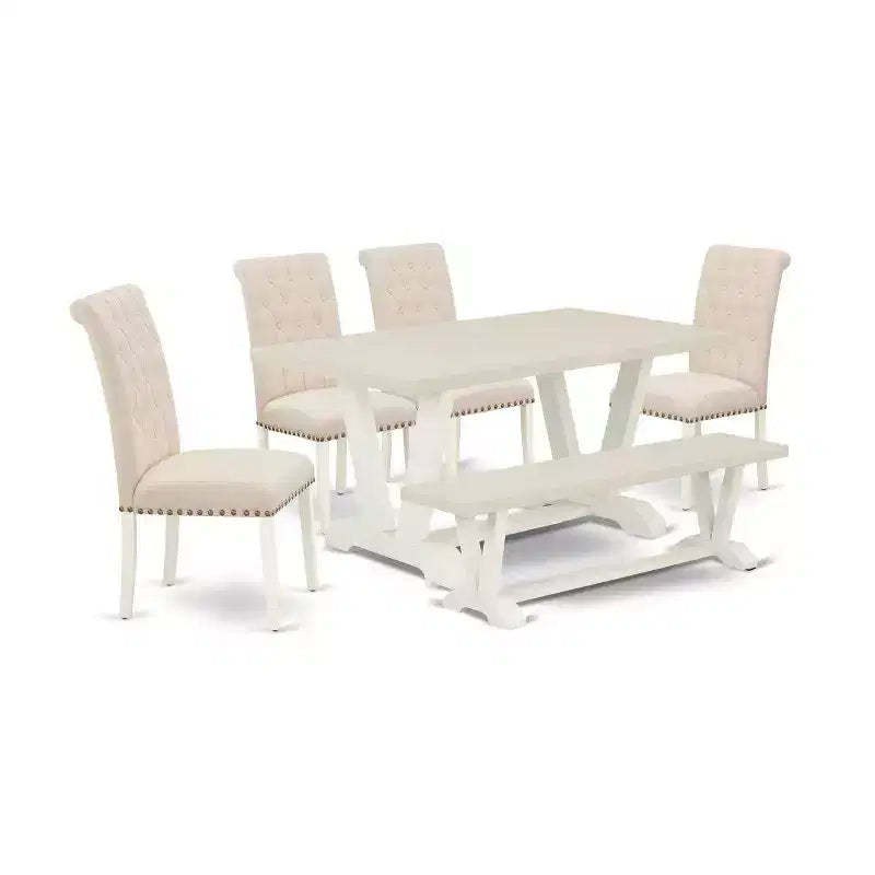 HomeStock 6-Pc Natural Oak Finish Solid Wood Top dining Table with 1-Bench and 4-Chairs
