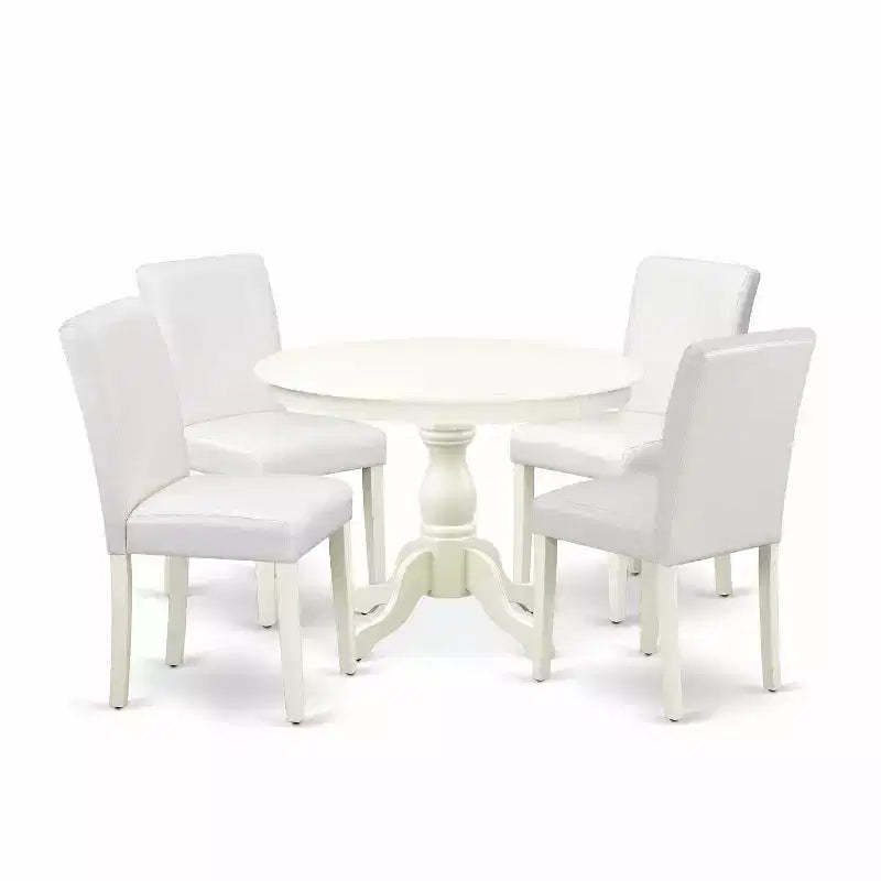 HomeStock 5-Pc Linen White Finish Solid Wood Top Dining table with 4 White Faux Leather Upholstered Parson Chairs