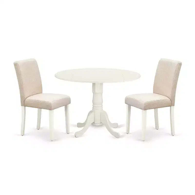 Round Dining Table Set 3pc 42 Table w/ Drop Leaves & 2 Parsons Chairs - Linen Beige Fabric