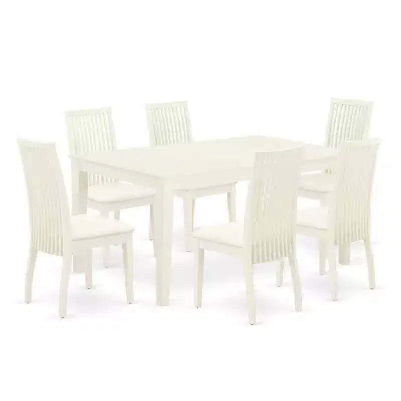 HomeStock 7-Piece Rectangle Linen White Finish Solid Wood Top Dining Table with 6 Chairs
