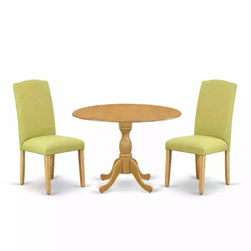 3-Piece Natural Oak Finish Solid Wood Top - Dining Room Set with High Back - Seats 4