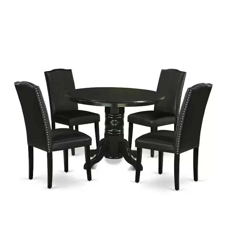 HomeStock 5-Piece Round Black Finish Solid Wood Top Dining Table with 4 Black Faux Leather Upholstered Parson Chairs, Seats 4