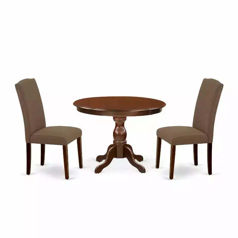 3-Piece Mahogany Finish Solid Wood Top - Button Tufted Upholstered Dining Room Set - Seats 4