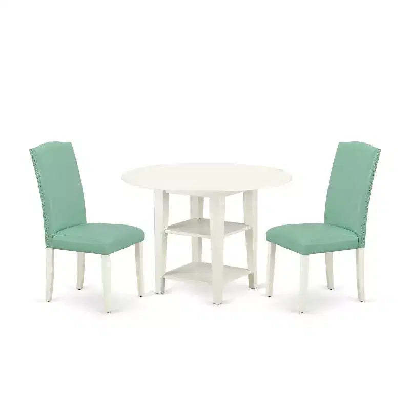Vintage Dining Set 3Pc Table & 2 Chairs - 20x42 Table w/ Drop Leaves - Linen White Legs - PU Leather Seat
