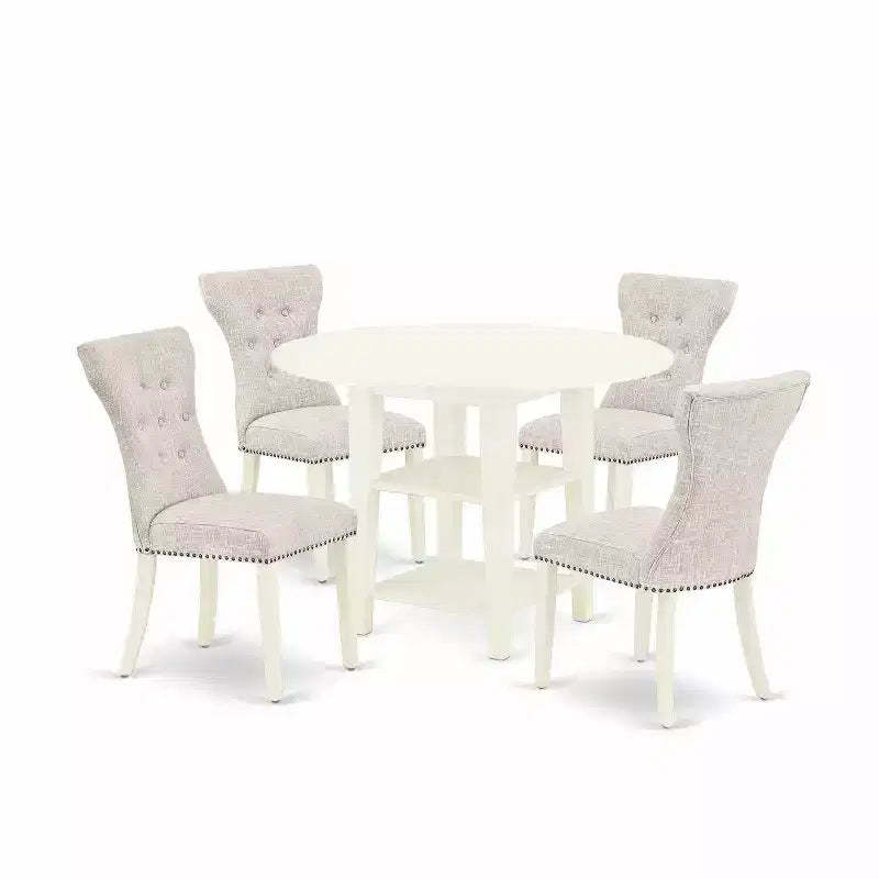 5-Piece Linen White Finish Solid Wood Top - Round Dining Room Set with Leaf - Seats 4