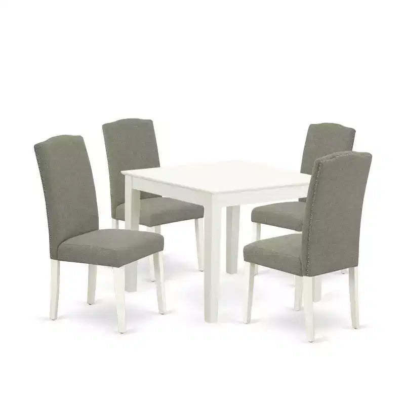 Modern 5Pc Dining Set - Square Table & 4 Chairs - Linen White Legs - Dark Shitake Fabric