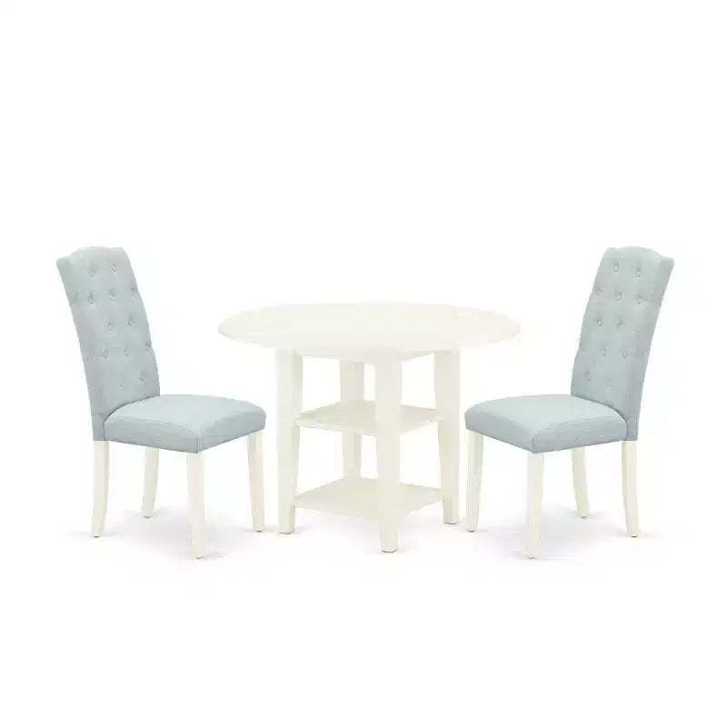 HomeStock 3-Piece Linen White Finish Round Solid Wood Top with Dropleaf Dining Table Set