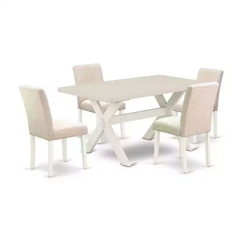 HomeStock 5-Piece Rectangle Natural Oak Finish Solid Wood Top Dining Table with 4 Upholstered-Chairs
