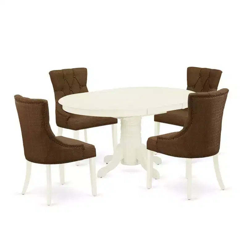 HomeStock 5-Piece Oval Linen White Finish Solid Wood Top Dining Table with 4 Parson Chair with Butterfly Leaf