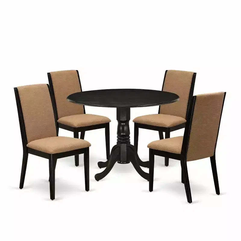 HomeStock 5-Piece Round Wirebrushed Black Finish Solid Wood Top Dining table with 4 Chairs