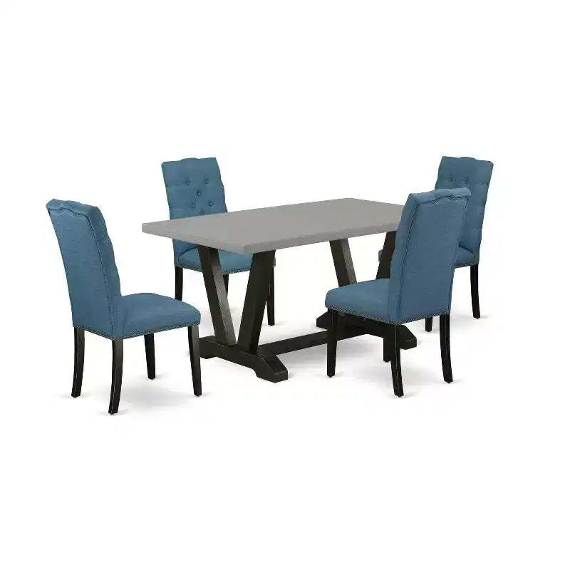 5-Piece Natural Oak Finish Solid Wood Top Dining Table with 4 Parson Chair with
