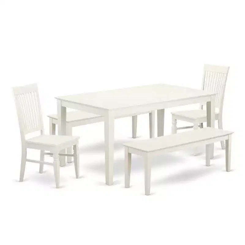 HomeStock 5-Piece Rectangle Linen White Finish Solid Wood Top Dining Table with 2 Benches, 2 Chairs