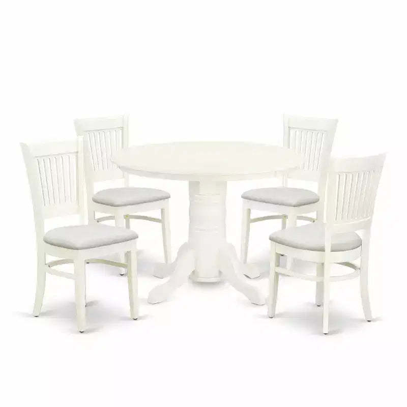 HomeStock 5-Piece Linen White Finish Solid Wood Top Dining table with 4 Chairs with Slat Back