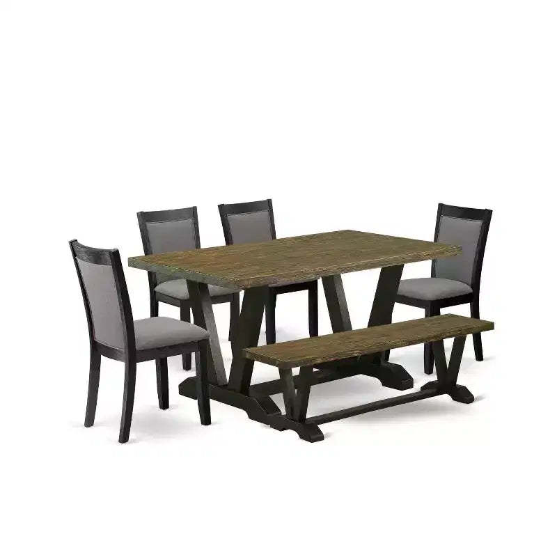 HomeStock 6-Piece Rectangle Distressed Jacobean Finish Solid Wood Top Dining Table with 1-Bench, 4-Chairs