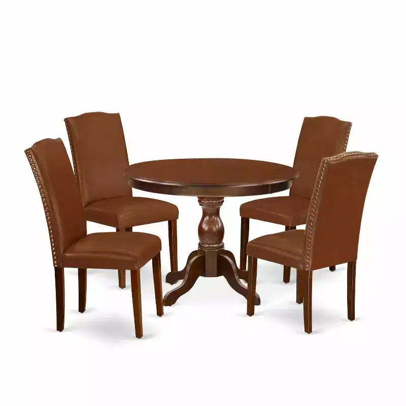 5-Piece Round Mahogany Finish Solid Wood Top Dining Table with 4 Parson Chair with