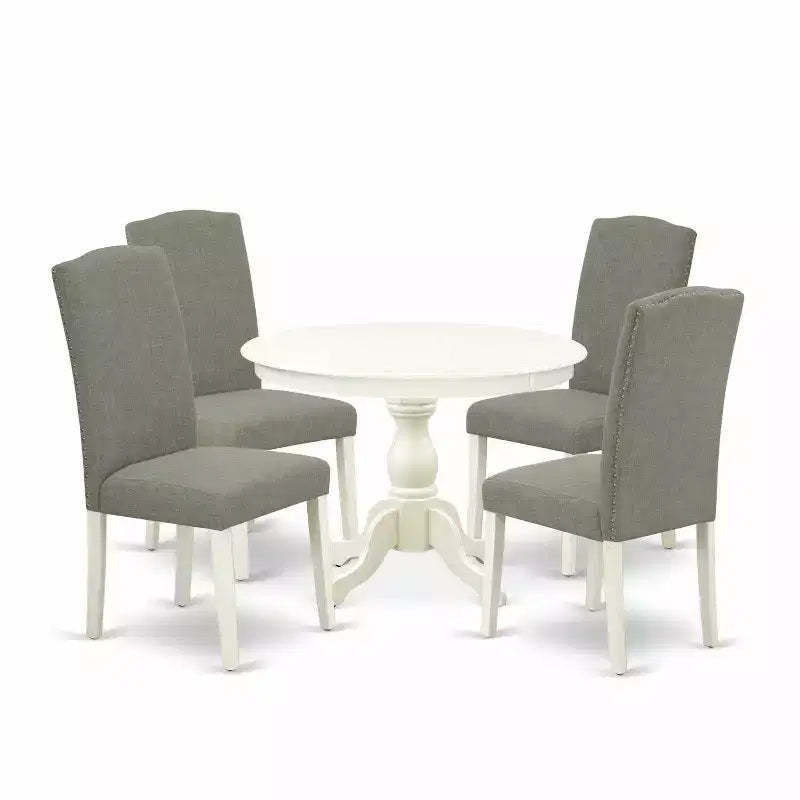 5-Piece Linen White Finish Solid Wood Top Dining table with 4 Chairs with