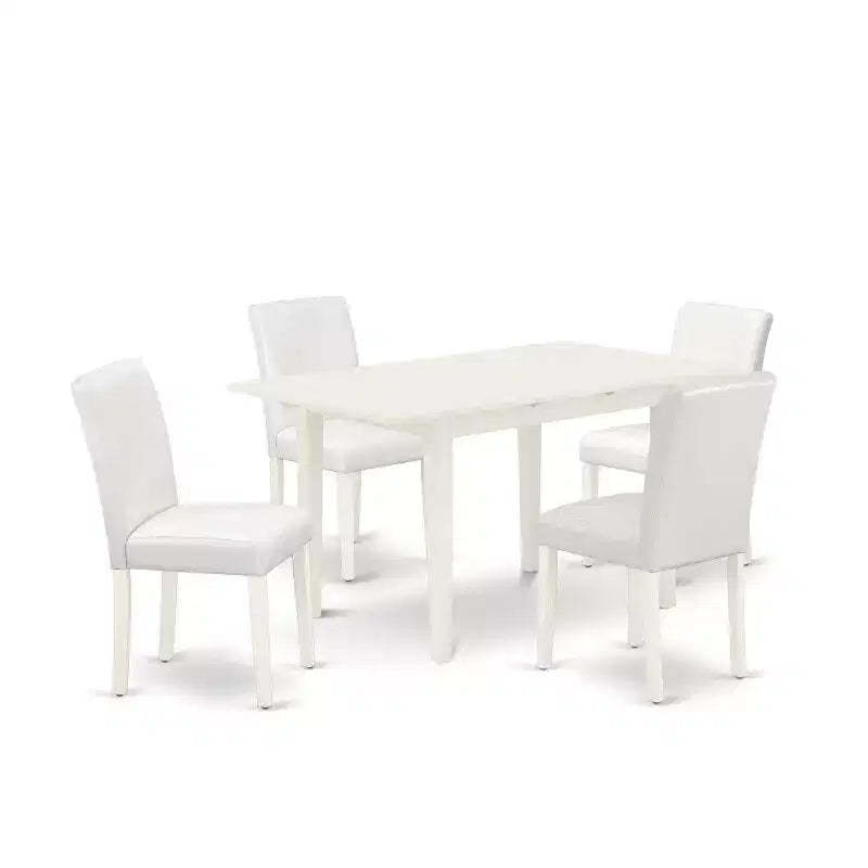 HomeStock 5-Pc Linen White Finish Solid Wood Top-Rectangular Upholstered Dining Room Set with Butterfly Leaf-Seats 4