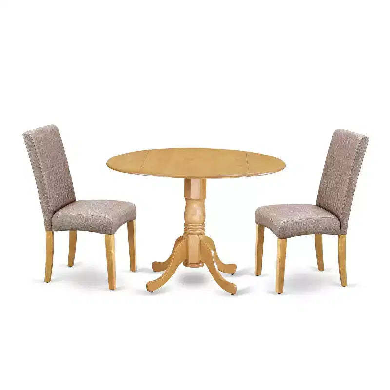 Round Dining Table Set - 42 Inch Table with 2 Chairs - Linen Fabric Seats - Oak Finish Legs
