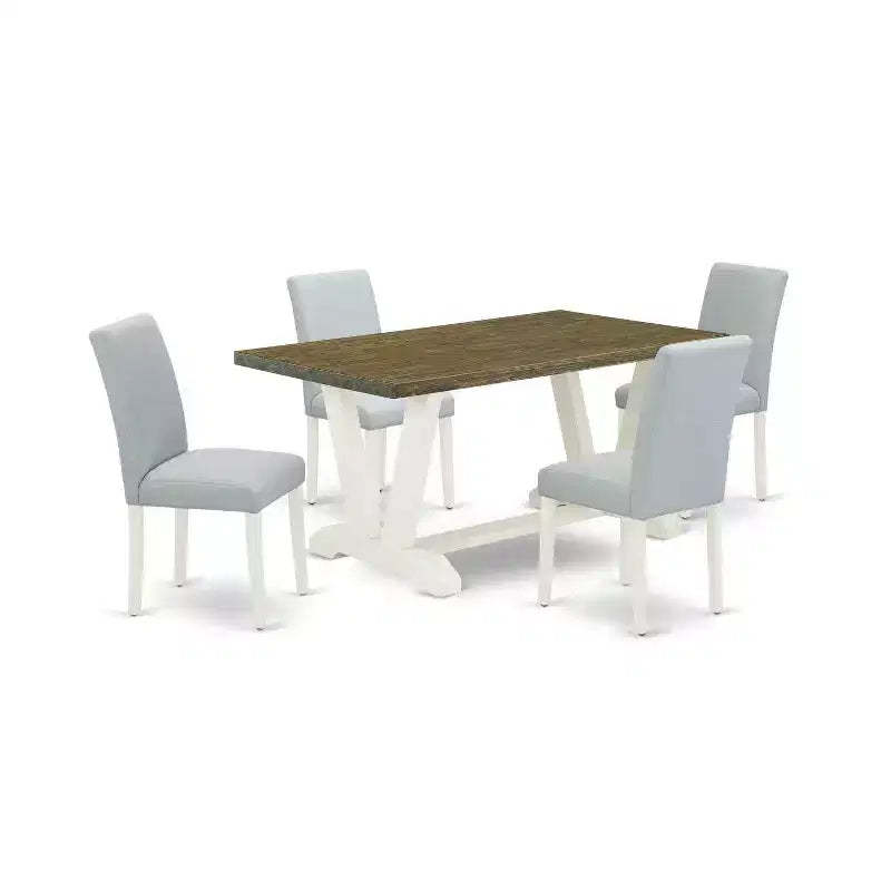 HomeStock 5-Pc Rectangle Natural Oak Finish Solid Wood Top Dining Table with 4 Upholstered Chairs