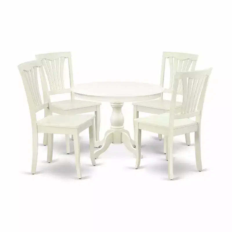 HomeStock 5-Pc Linen White Finish Solid Wood Top Dining table with 4 Chairs with Slat Back