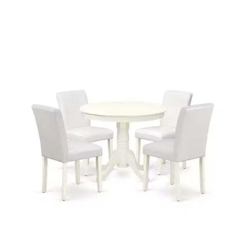 Boho Dining Set 5 Piece - Round Table & 4 Parsons Chairs - 36 Inch - Linen White