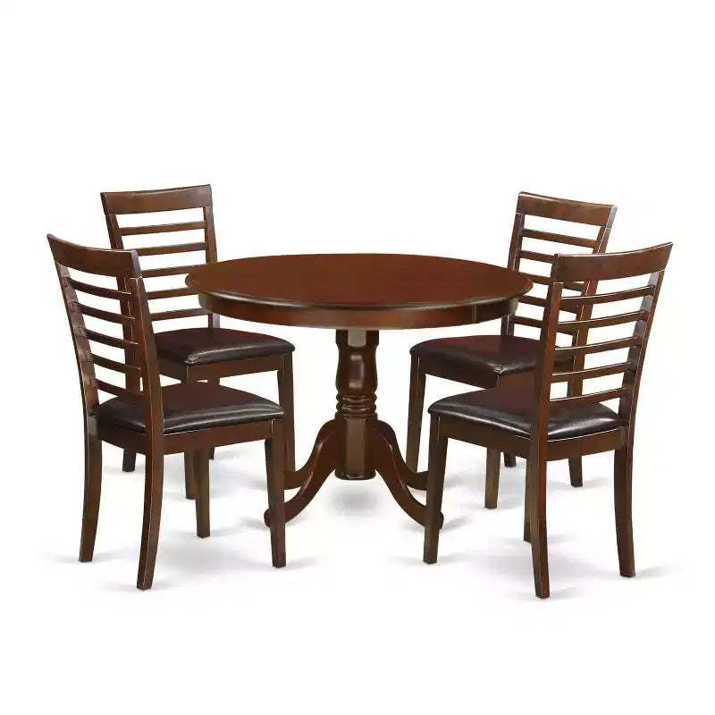 HomeStock 5-Pc Round Mahogany Finish Solid Wood Top Dining table with 4 Chairs