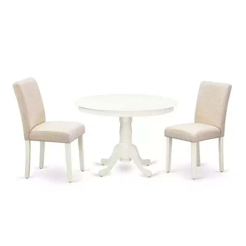 Vintage Round Kitchen Table Set - 3pc Table & 2 Chairs - Linen White Legs - Light Beige Fabric