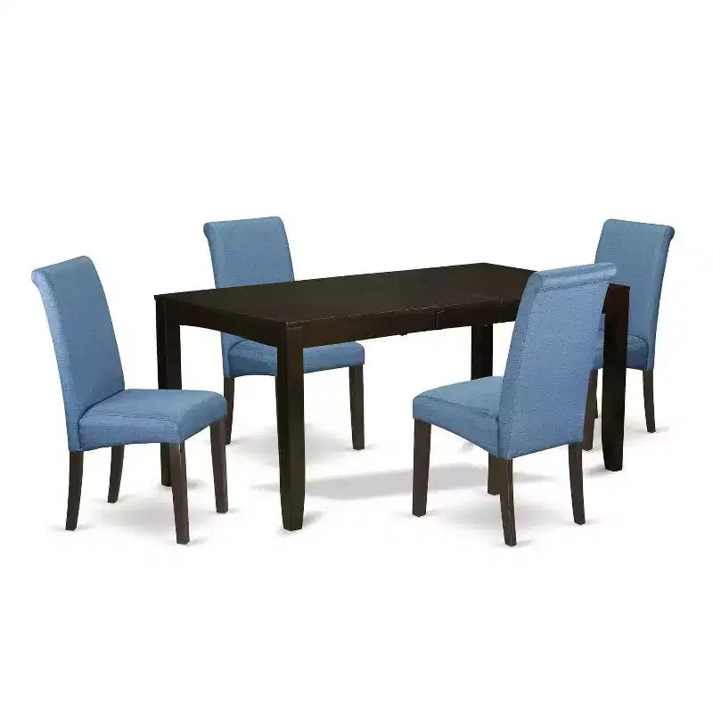 Kitchen Table Set 5pc Linen Blue Chairs Cappuccino Legs Dining Room Furniture