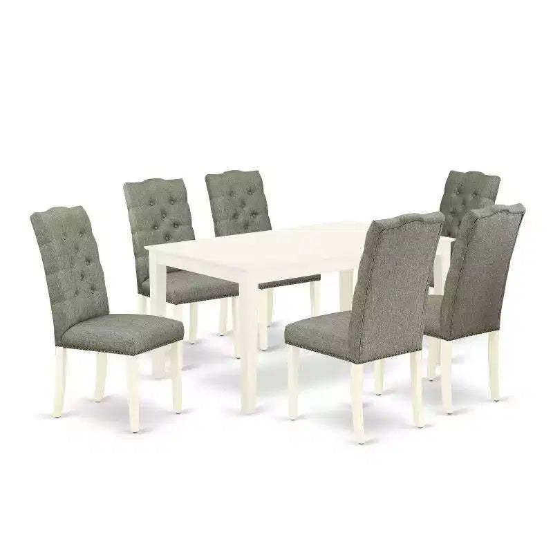 Rectangular Dining Table Set - 7 Piece Table and Chair Set - Linen White Finish