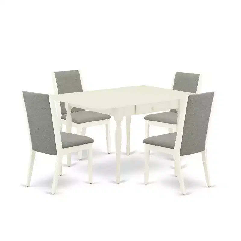 5-Piece Linen White Finish Solid Wood Top - Dining Room Set with Leaf - Seats 4