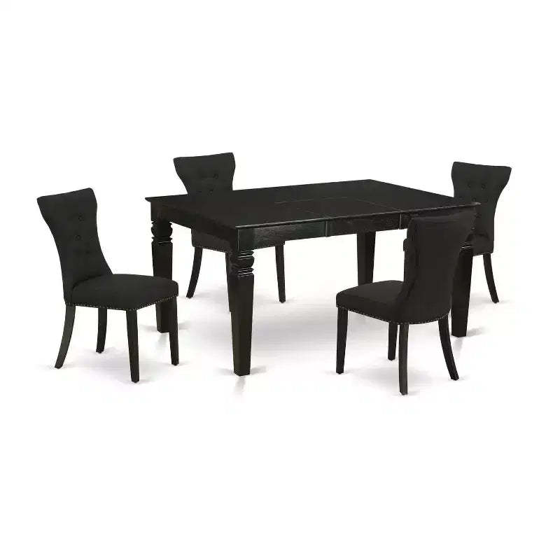 HomeStock 5-Piece Rectangle Black Finish Solid Wood Top Dining Table with 4 Parson Chair with Butterfly Leaf