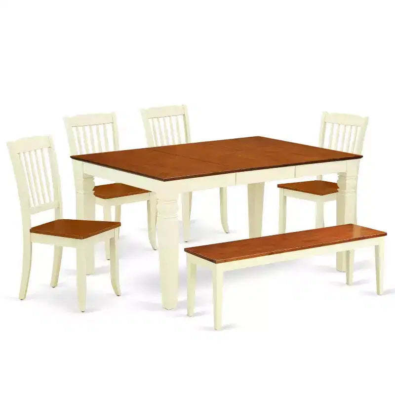 Beachy Boho Dining Set - 6Pc Rectangular Table & 4 Chairs Plus Bench - 42/60 Inch