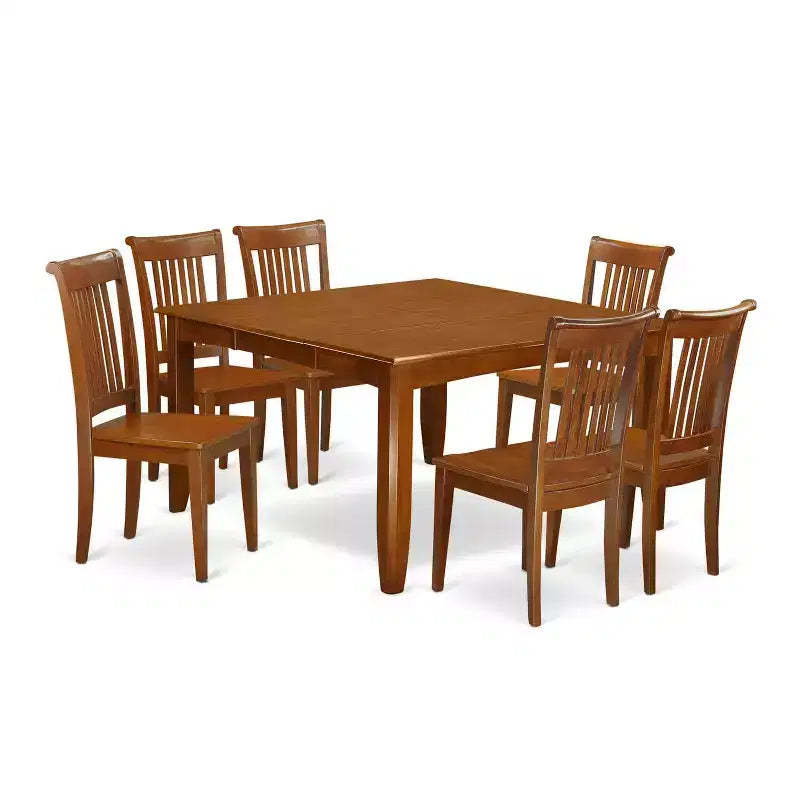 HomeStock 7-Piece Square Saddle Brown Finish Solid Wood Top Dining Table with 6-Chairs
