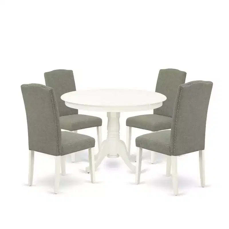 Round Dinette Set 5Pc - 42 Inch Table & 4 Chairs - Modern Kitchen Set - Linen White Legs - Dark Shitake Fabric