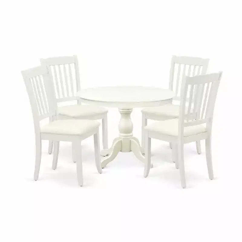 HomeStock 5-Piece Round Linen White Finish Solid Wood Top Dining table with 4-Chairs with Slat Back